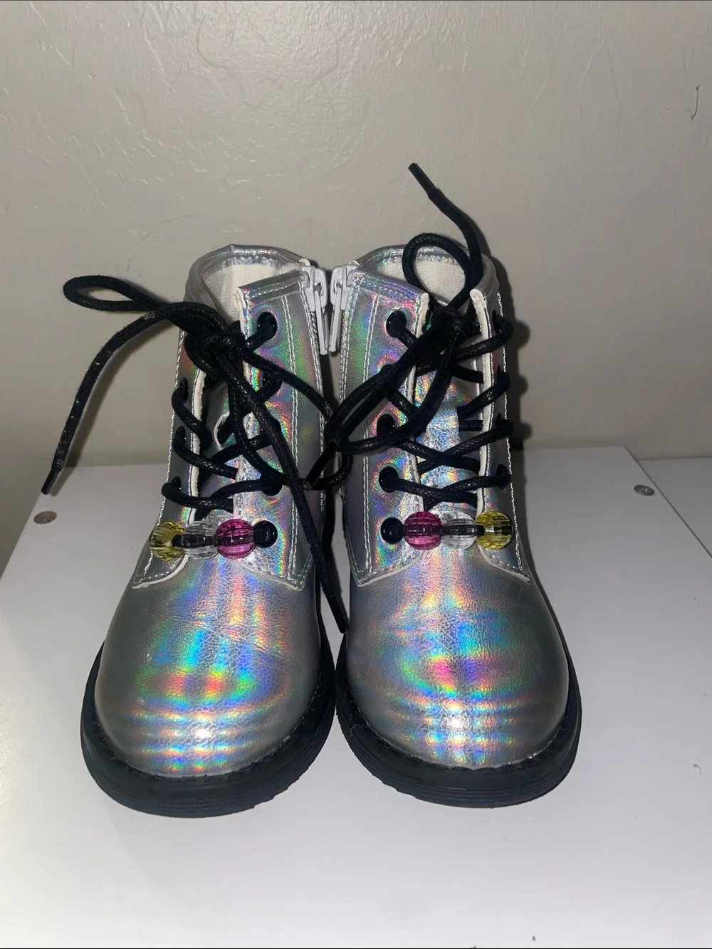 Kids Holographic Lace-Up Ankle Boots - Silver